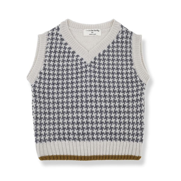 Gilet in lana merino per bambini pied de poule grigio | 1+ in the family