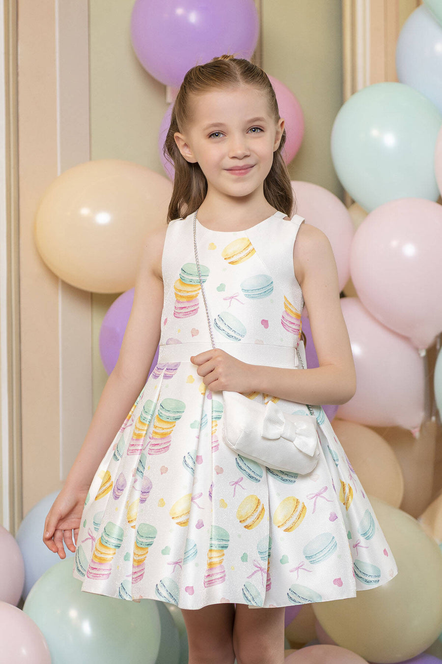 Abito Cerimonia Bambina con Fantasia Macaron Colorati - Bianco