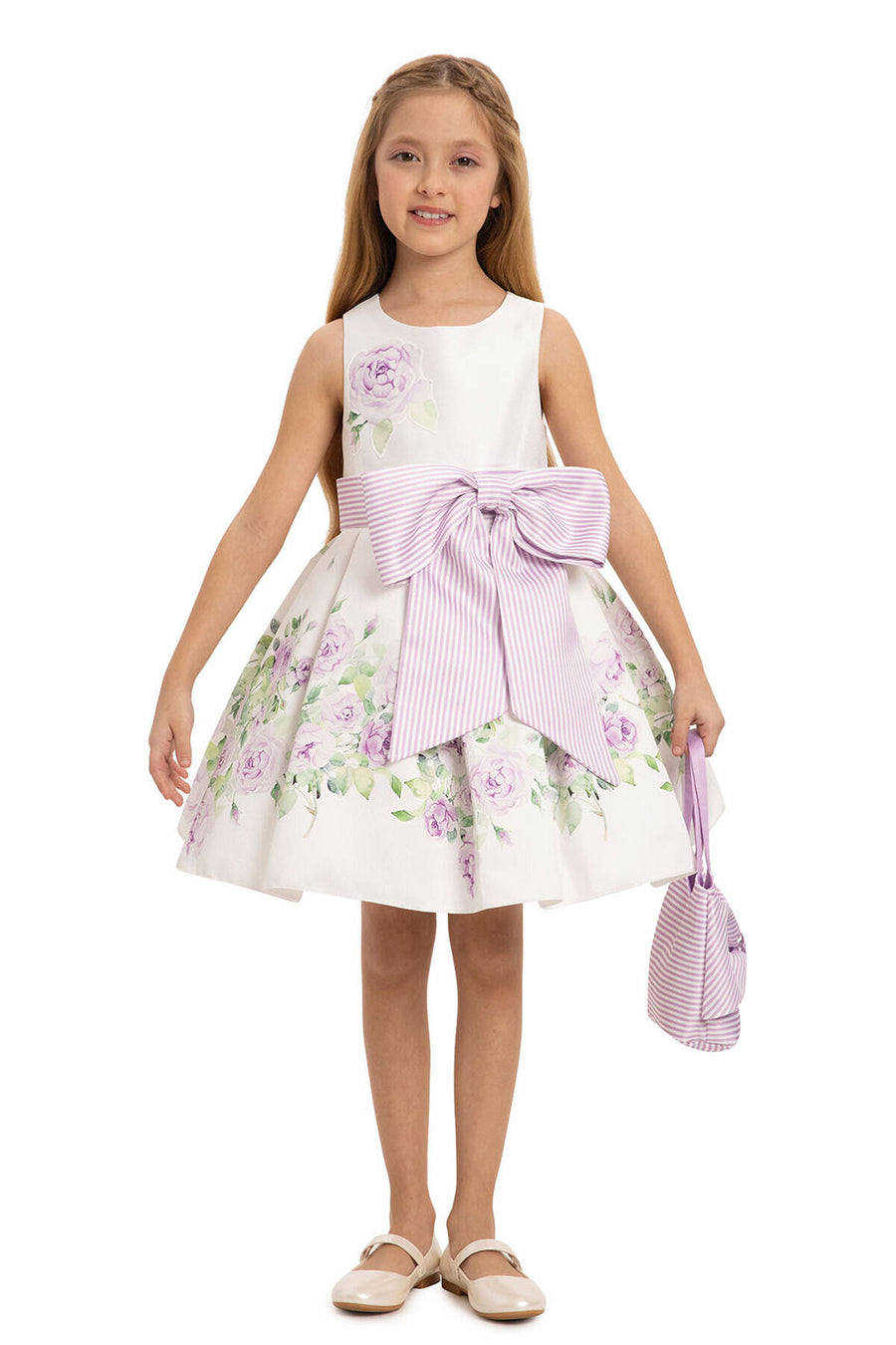 Abito Cerimonia Bambina con Fantasia Floreale e Maxi Fiocco - Bianco e Lilla