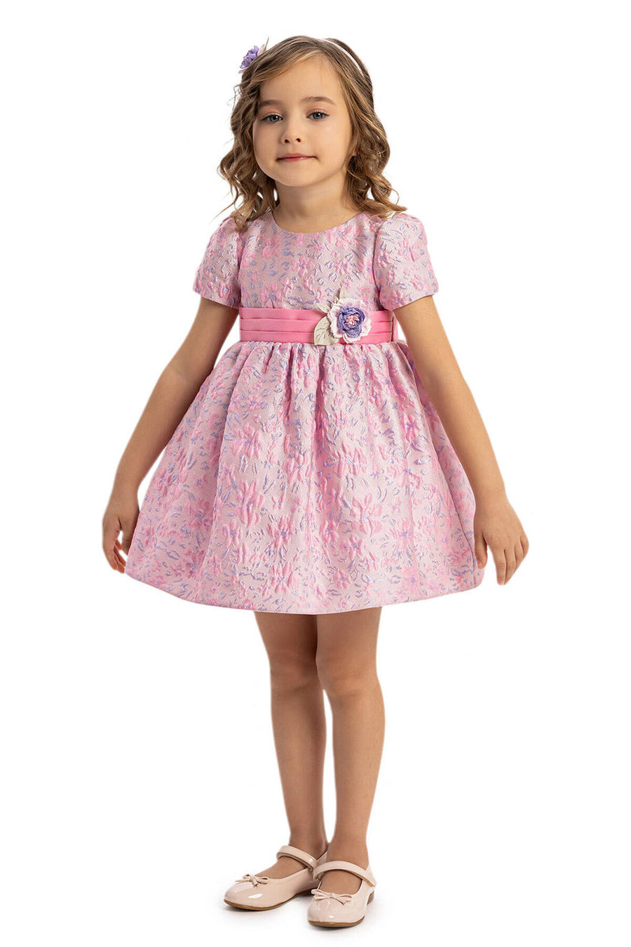 Abito Cerimonia Bambina Rosa Broccato con Fiori - Rosa