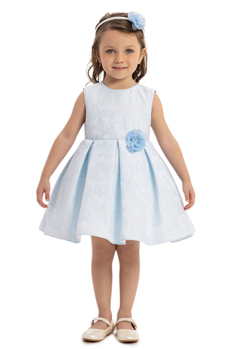 Abito Cerimonia Bambina in Pizzo con Fiore Decorativo - Celeste