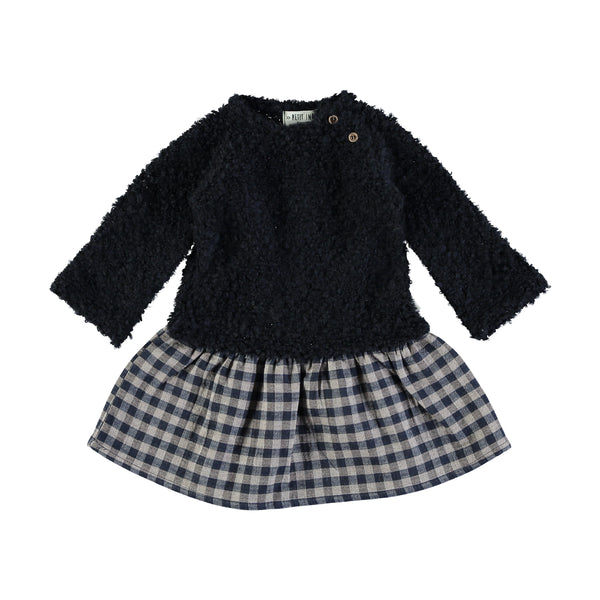 Abito con maglia di pelliccia e gonna tartan | Petit indi | inverno 24